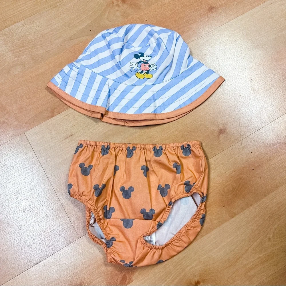 NWOT Disney Baby Orange & Blue Mickey Mouse Bucket Hat & Diaper Cover Set 6-12M